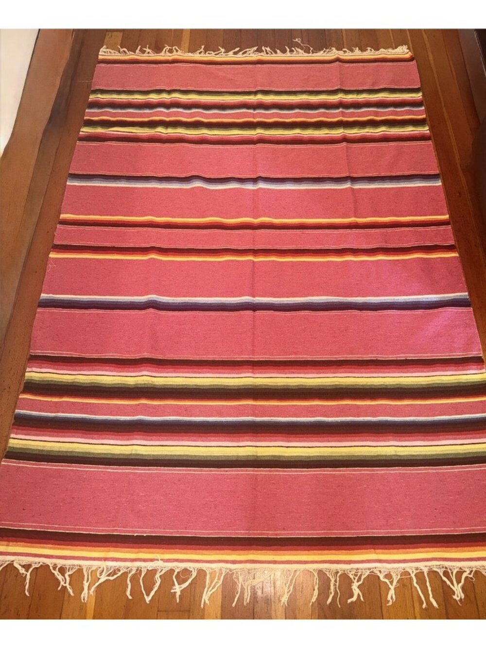 Vtg Woven MEXICAN BLANKET Large Deep PINK with Colorful STRIPES 60"x84" + Fringe